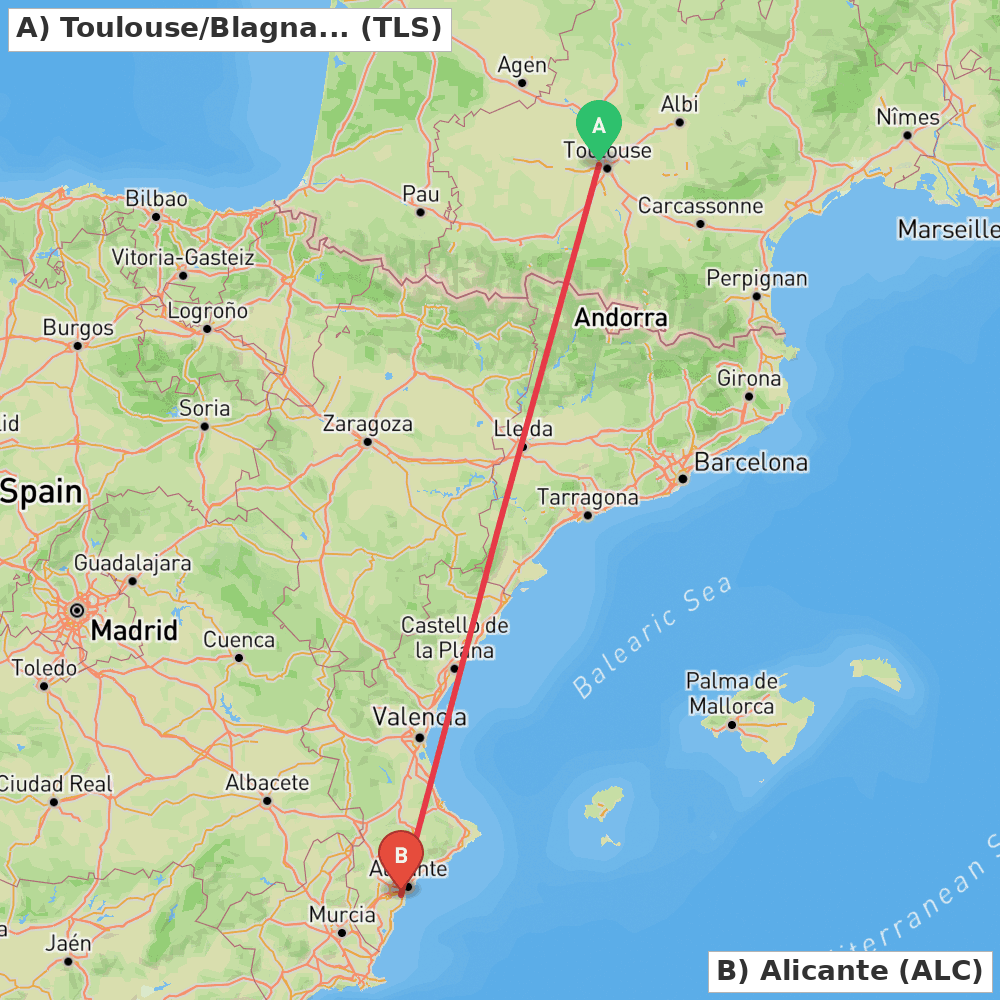 Flight route map from Toulouse/Blagnac to Alicante