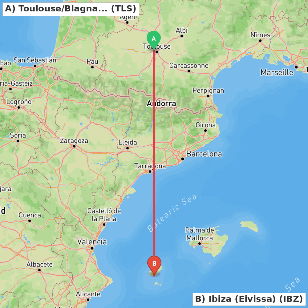 Flight route map from Toulouse/Blagnac to Ibiza (Eivissa)
