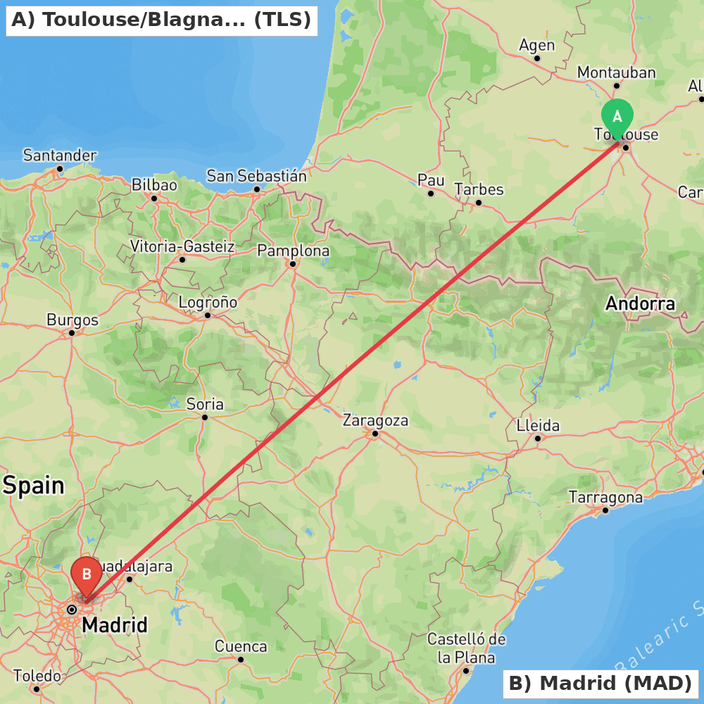 Flight route map from Toulouse/Blagnac to Madrid