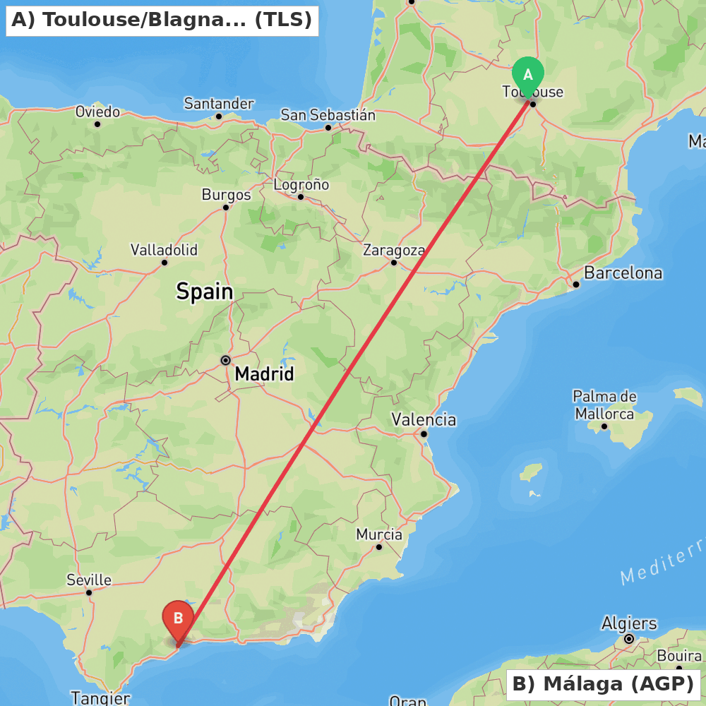 Flight route map from Toulouse/Blagnac to Málaga