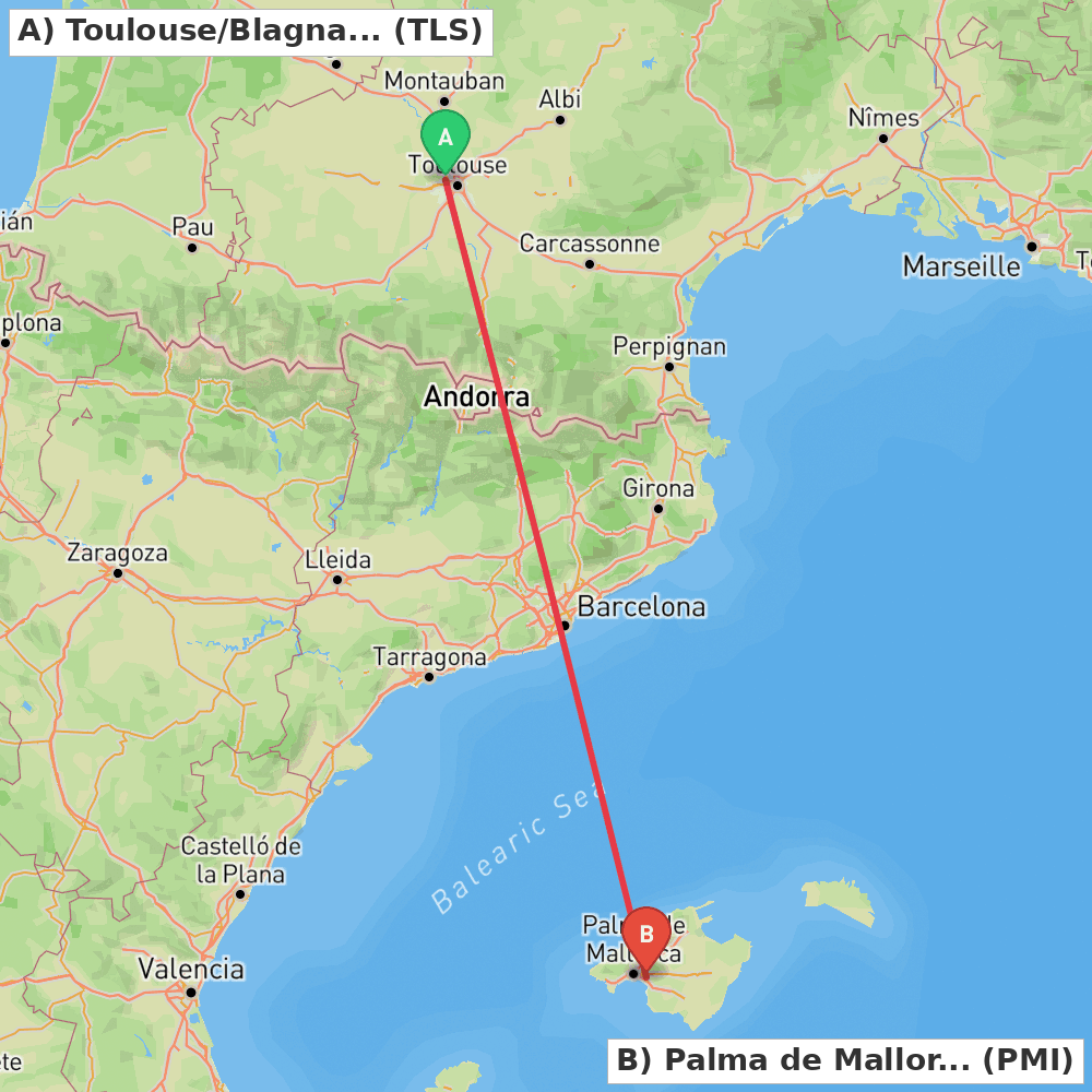Flight route map from Toulouse/Blagnac to Palma de Mallorca