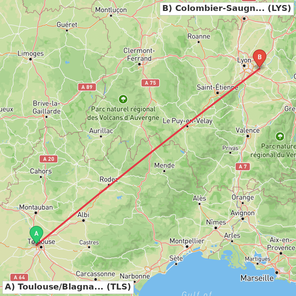 Flight route map from Toulouse/Blagnac to Colombier-Saugnieu, Rhône