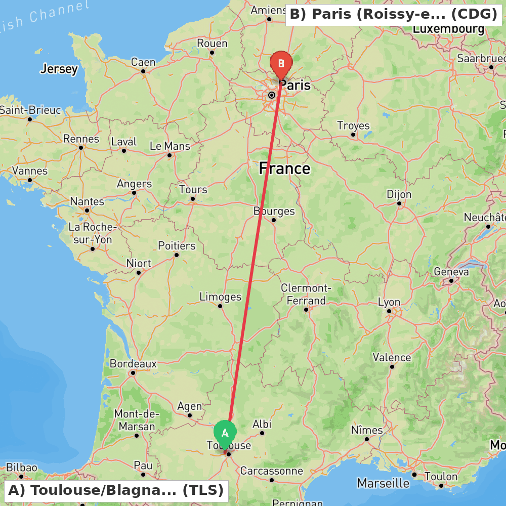 Flight route map from Toulouse/Blagnac to Paris (Roissy-en-France, Val-d'Oise)