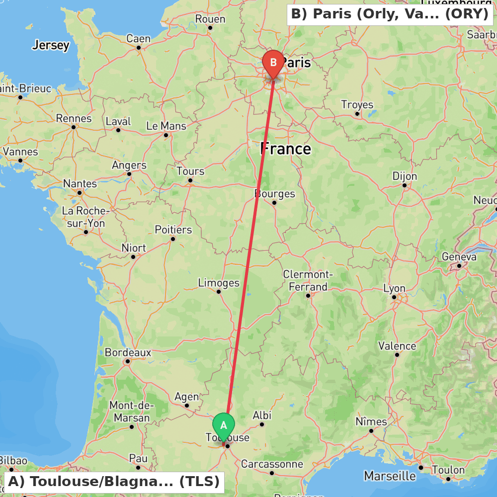 Flight route map from Toulouse/Blagnac to Paris (Orly, Val-de-Marne)