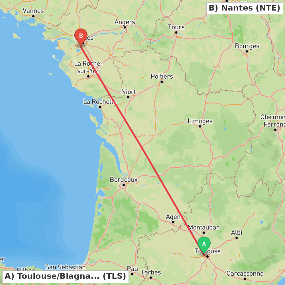 Flight route map from Toulouse/Blagnac to Nantes