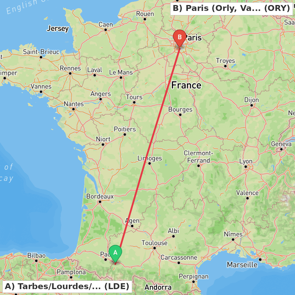 Flight route map from Tarbes/Lourdes/Pyrénées to Paris (Orly, Val-de-Marne)