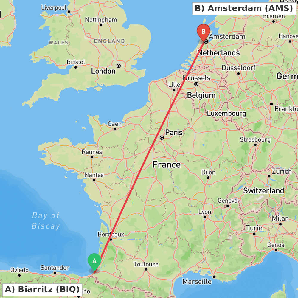 Flight route map from Biarritz to Amsterdam