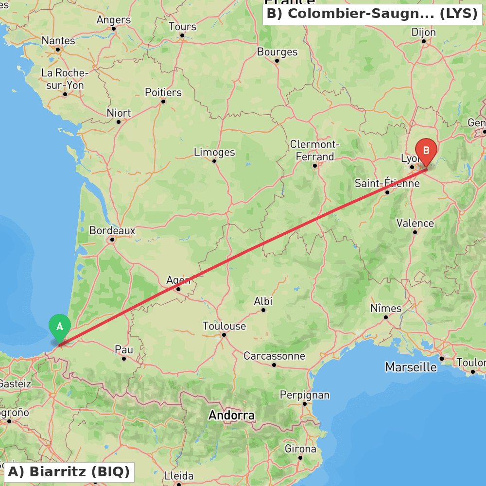 Flight route map from Biarritz to Colombier-Saugnieu, Rhône