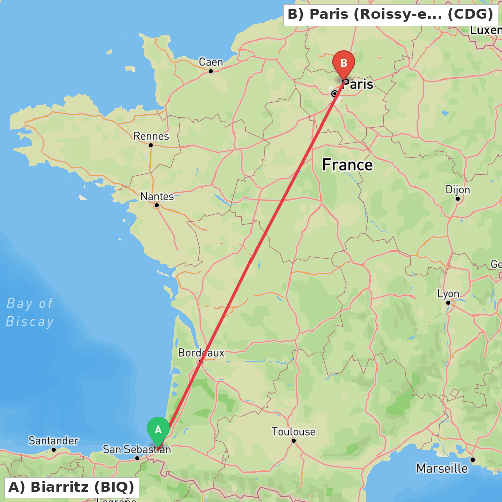 Flight route map from Biarritz to Paris (Roissy-en-France, Val-d'Oise)