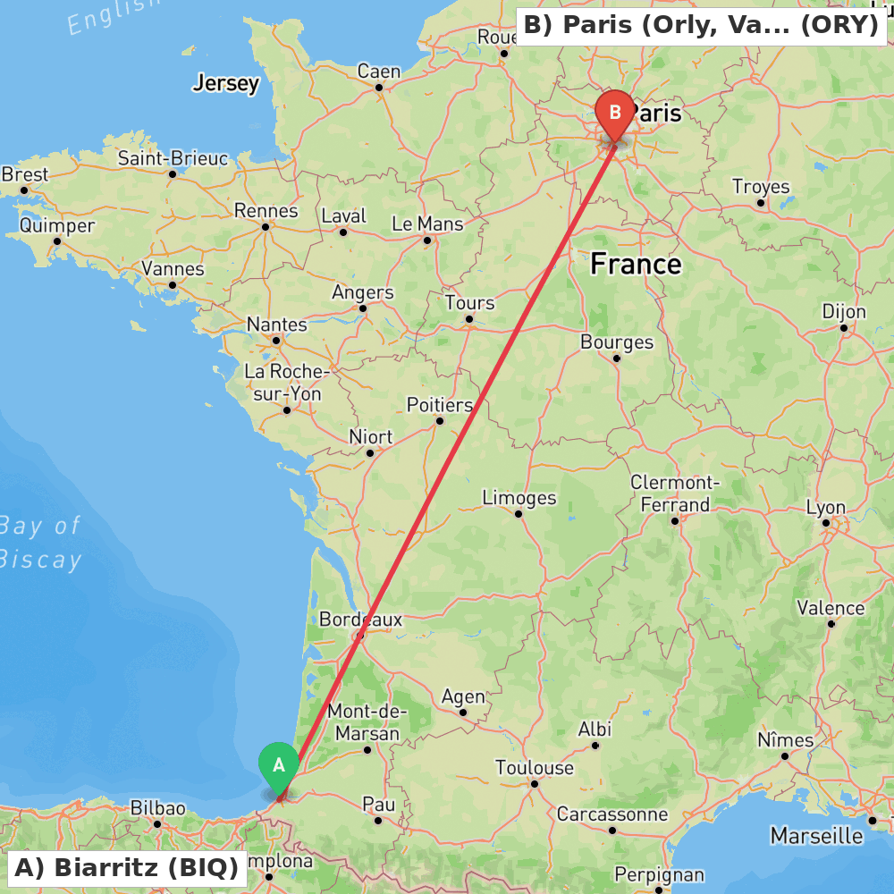 Flight route map from Biarritz to Paris (Orly, Val-de-Marne)
