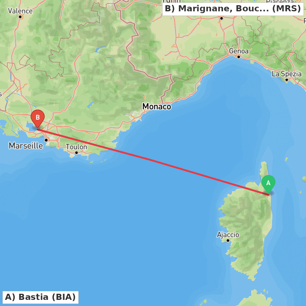 Flight route map from Bastia to Marignane, Bouches-du-Rhône