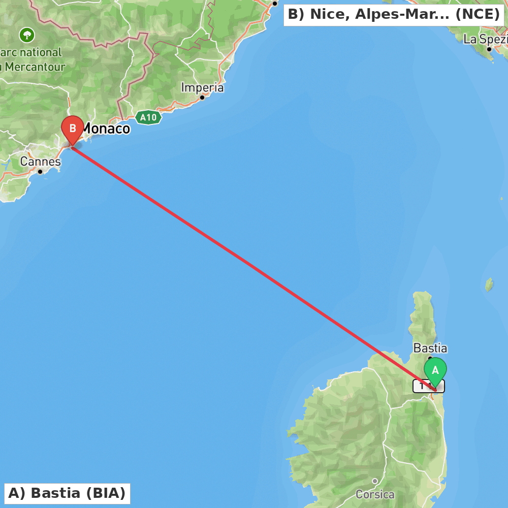 Flight route map from Bastia to Nice, Alpes-Maritimes