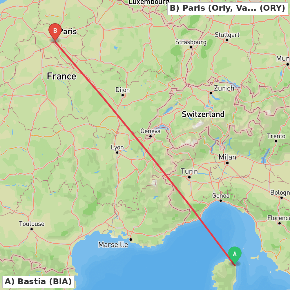 Flight route map from Bastia to Paris (Orly, Val-de-Marne)