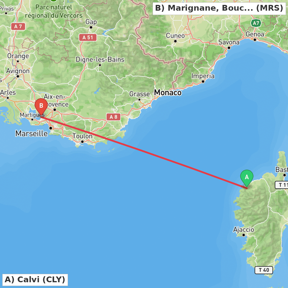 Flight route map from Calvi to Marignane, Bouches-du-Rhône