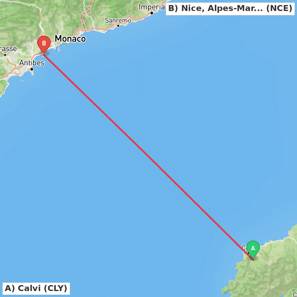 Flight route map from Calvi to Nice, Alpes-Maritimes