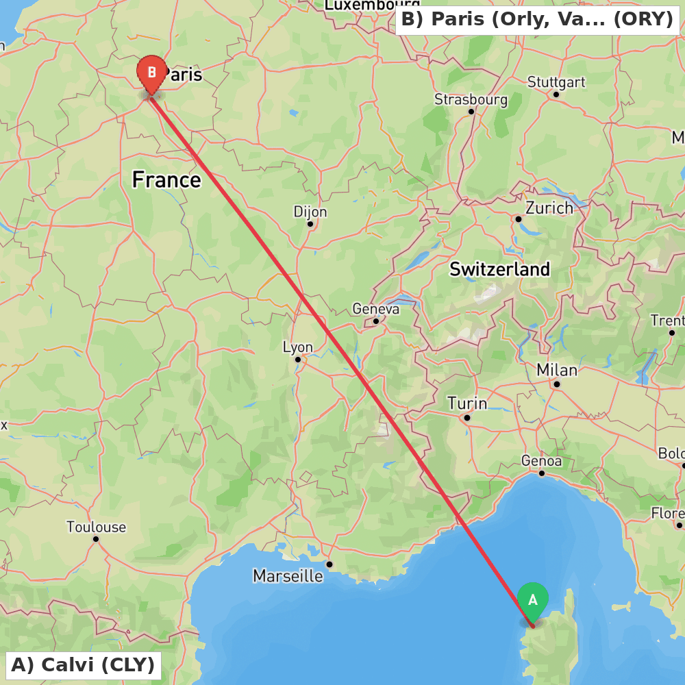 Flight route map from Calvi to Paris (Orly, Val-de-Marne)