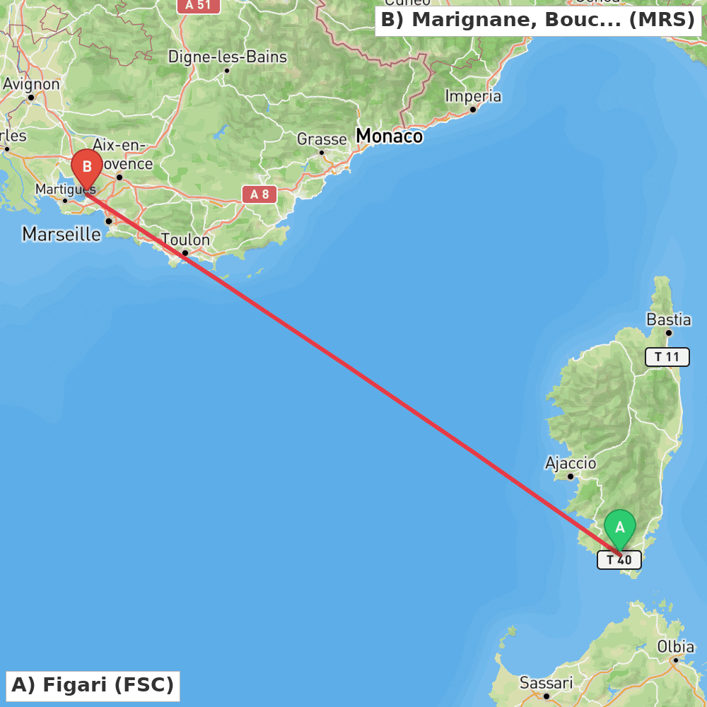 Flight route map from Figari to Marignane, Bouches-du-Rhône