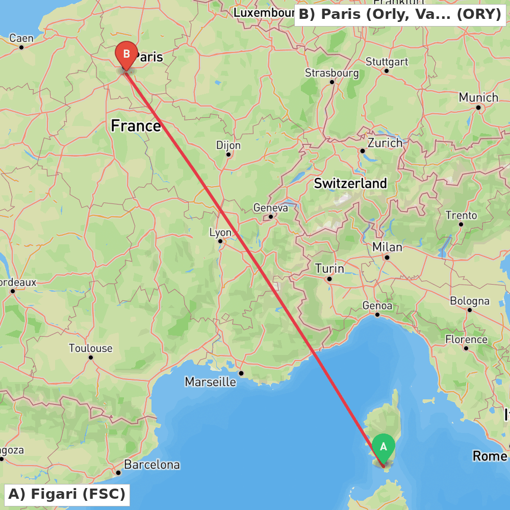 Flight route map from Figari to Paris (Orly, Val-de-Marne)