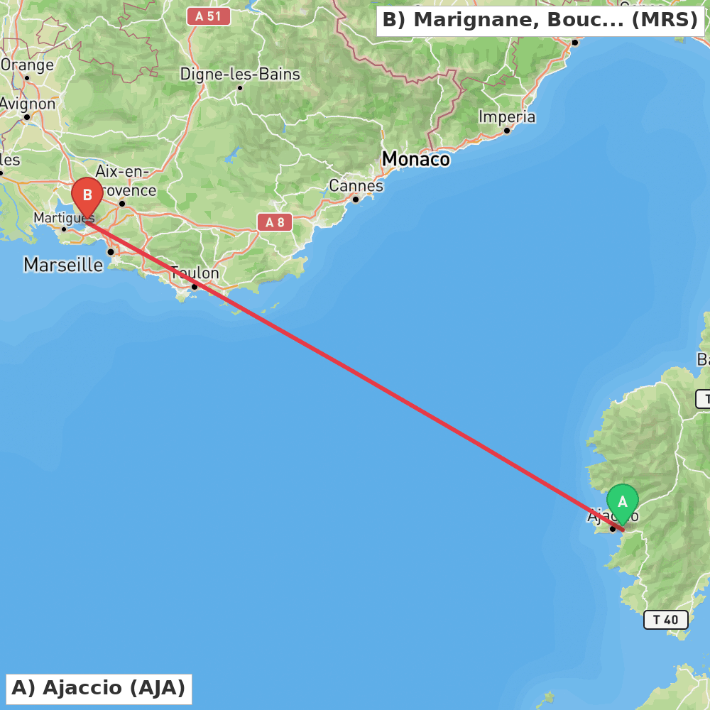 Flight route map from Ajaccio to Marignane, Bouches-du-Rhône