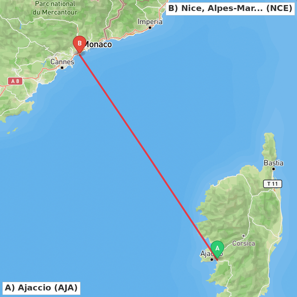 Flight route map from Ajaccio to Nice, Alpes-Maritimes