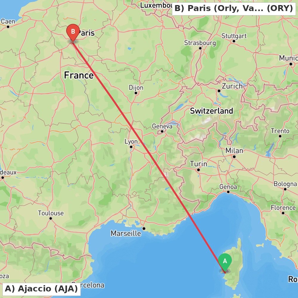 Flight route map from Ajaccio to Paris (Orly, Val-de-Marne)