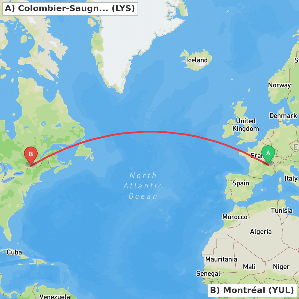 Flight route map from Colombier-Saugnieu, Rhône to Montréal