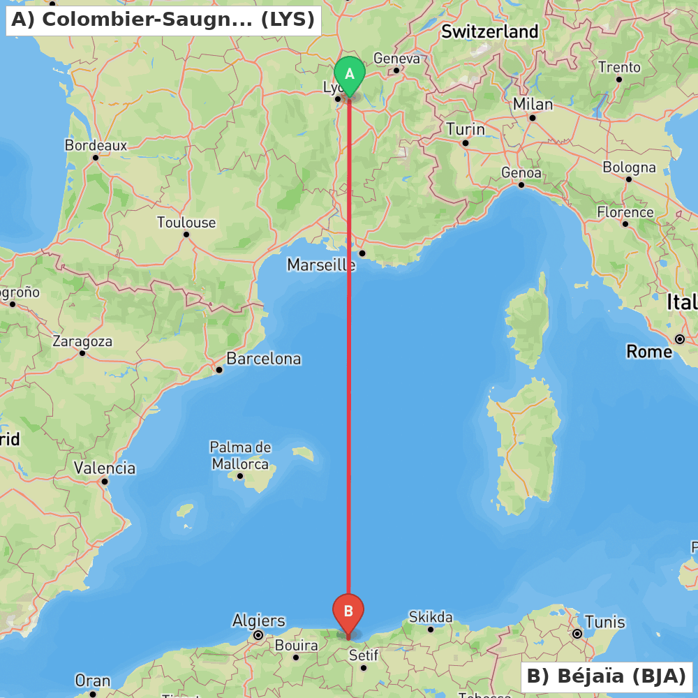 Flight route map from Colombier-Saugnieu, Rhône to Béjaïa