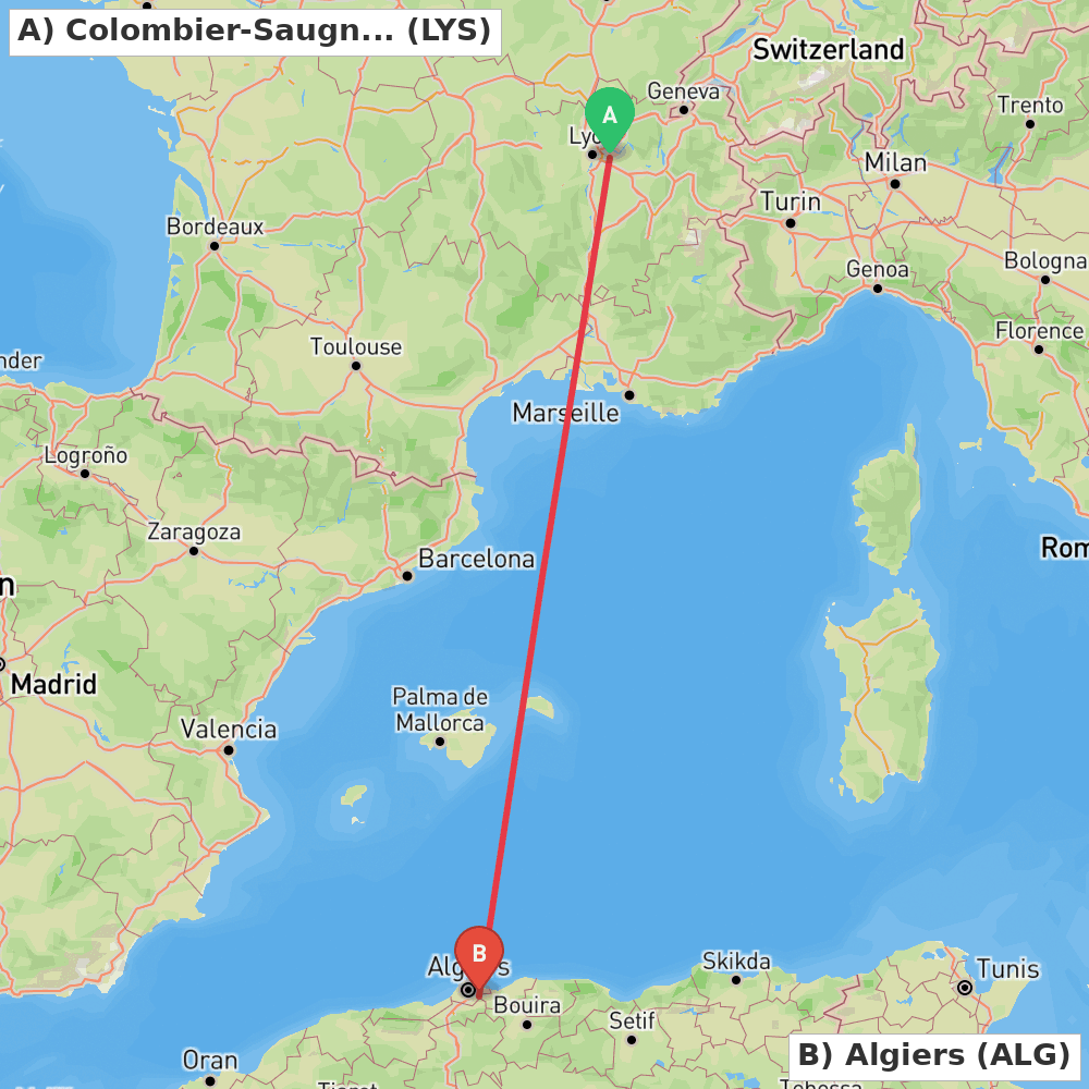 Flight route map from Colombier-Saugnieu, Rhône to Algiers