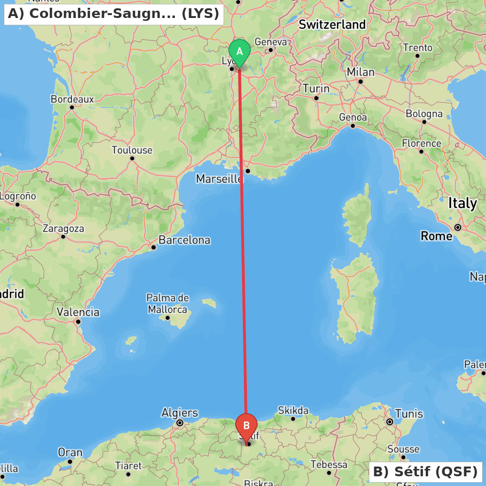 Flight route map from Colombier-Saugnieu, Rhône to Sétif
