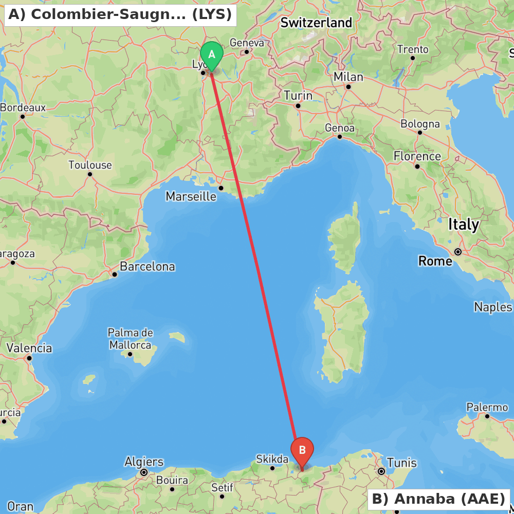 Flight route map from Colombier-Saugnieu, Rhône to Annaba