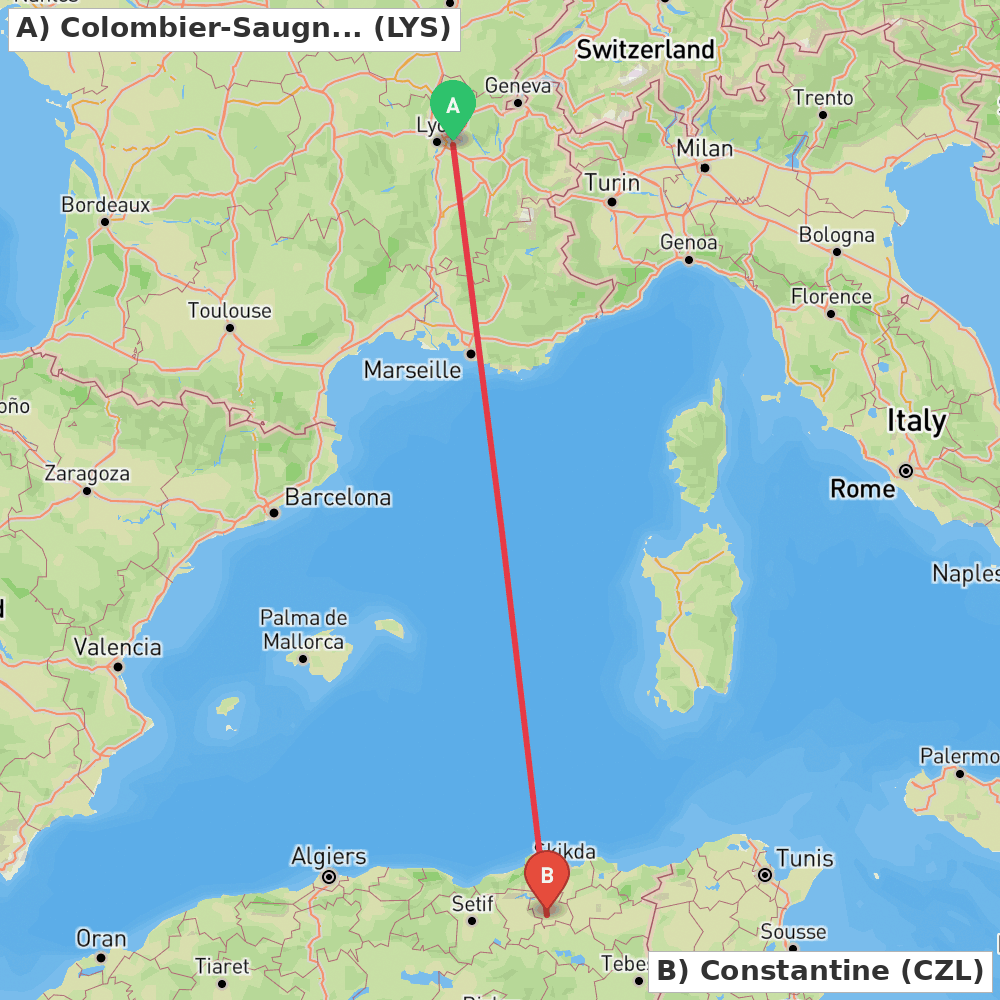 Flight route map from Colombier-Saugnieu, Rhône to Constantine
