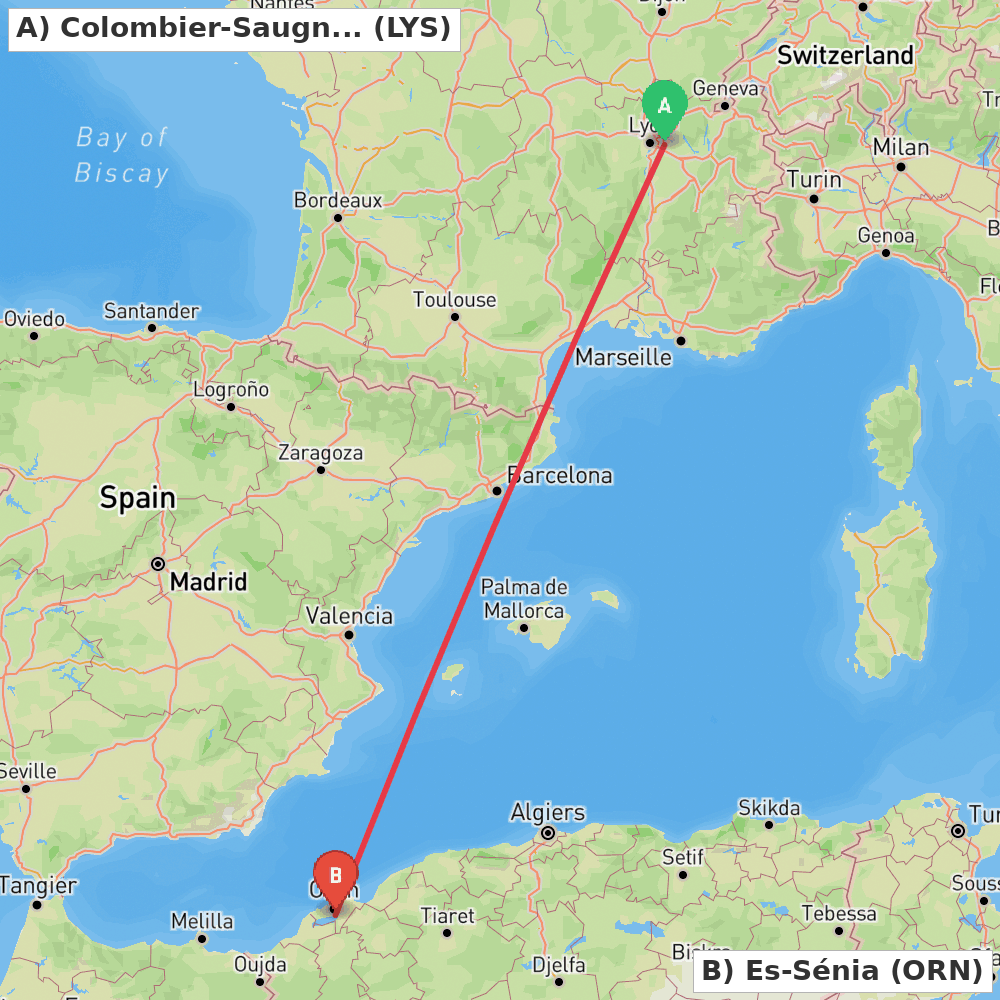 Flight route map from Colombier-Saugnieu, Rhône to Es-Sénia