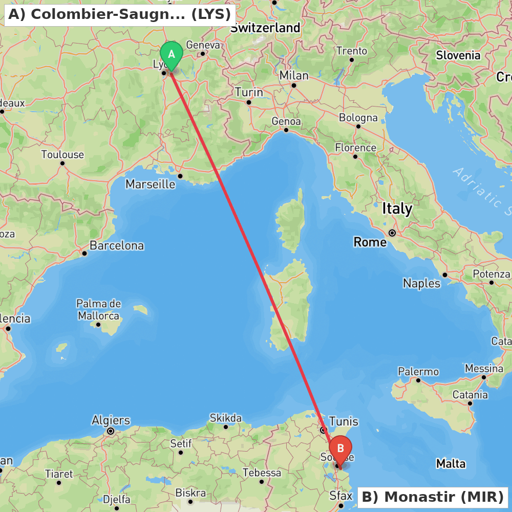 Flight route map from Colombier-Saugnieu, Rhône to Monastir