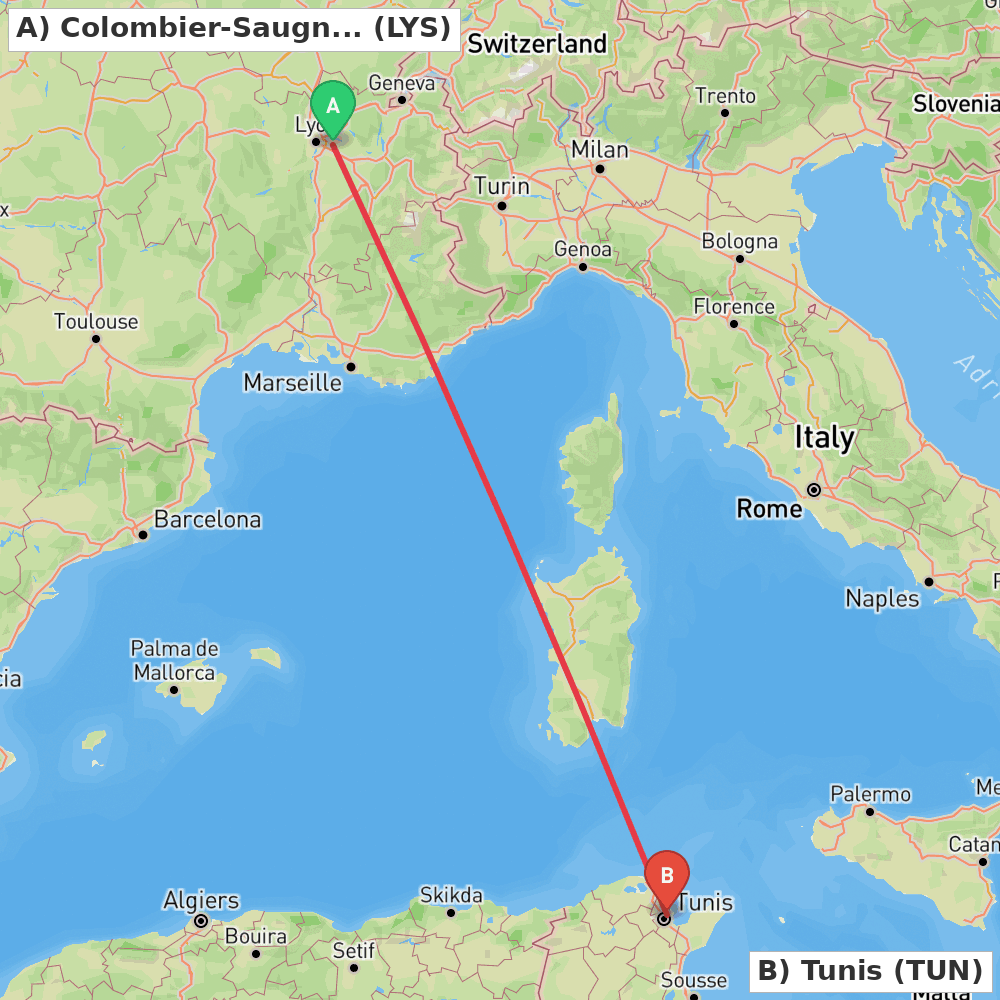 Flight route map from Colombier-Saugnieu, Rhône to Tunis