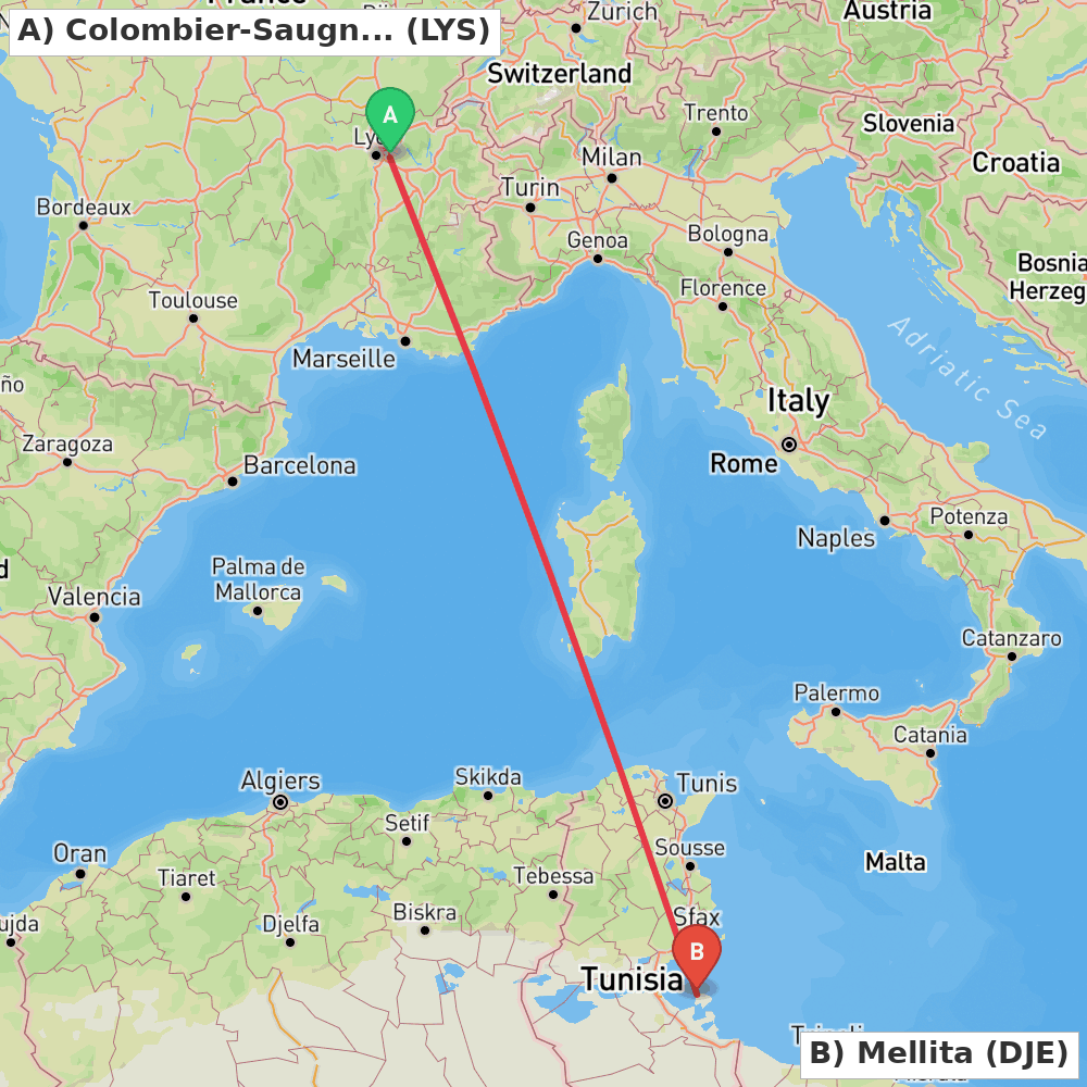 Flight route map from Colombier-Saugnieu, Rhône to Mellita
