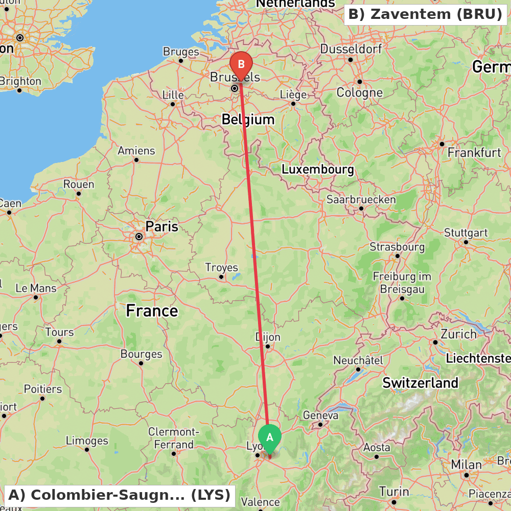 Flight route map from Colombier-Saugnieu, Rhône to Zaventem