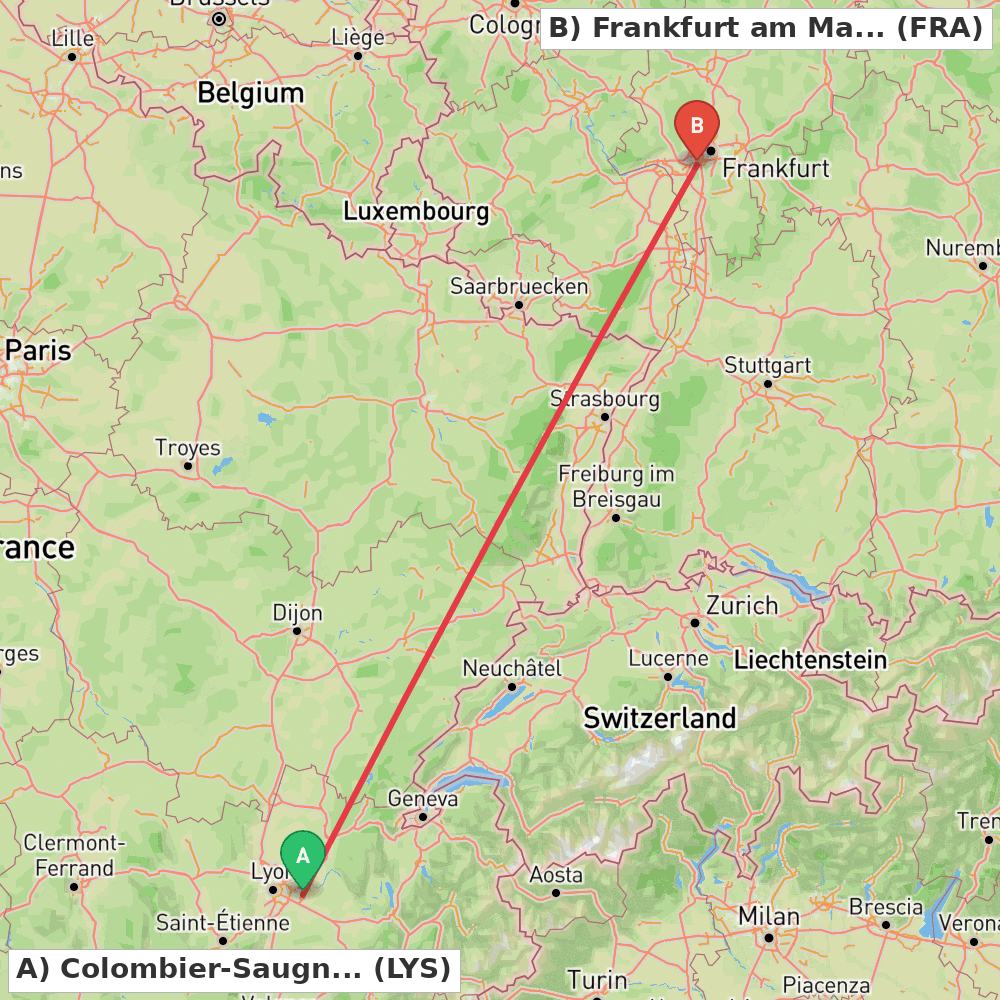 Flight route map from Colombier-Saugnieu, Rhône to Frankfurt am Main