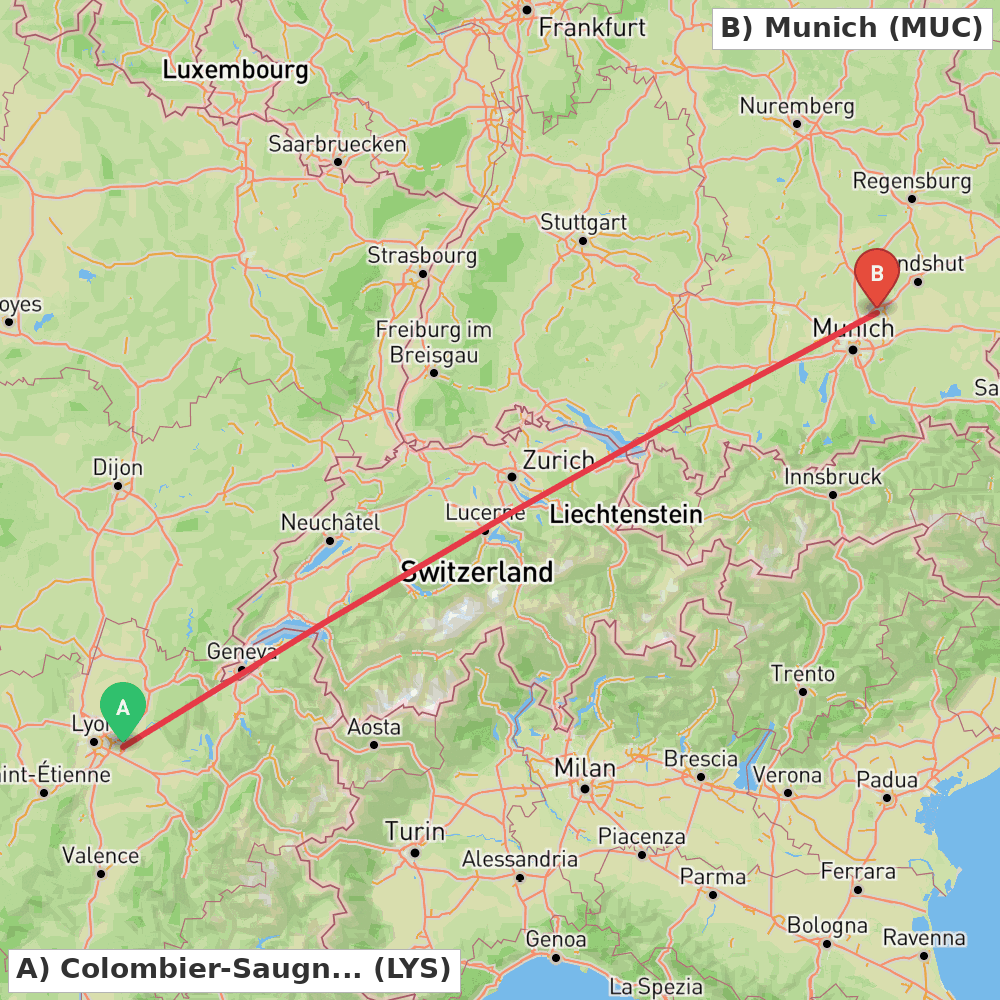 Flight route map from Colombier-Saugnieu, Rhône to Munich