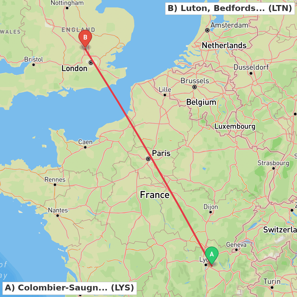 Flight route map from Colombier-Saugnieu, Rhône to Luton, Bedfordshire