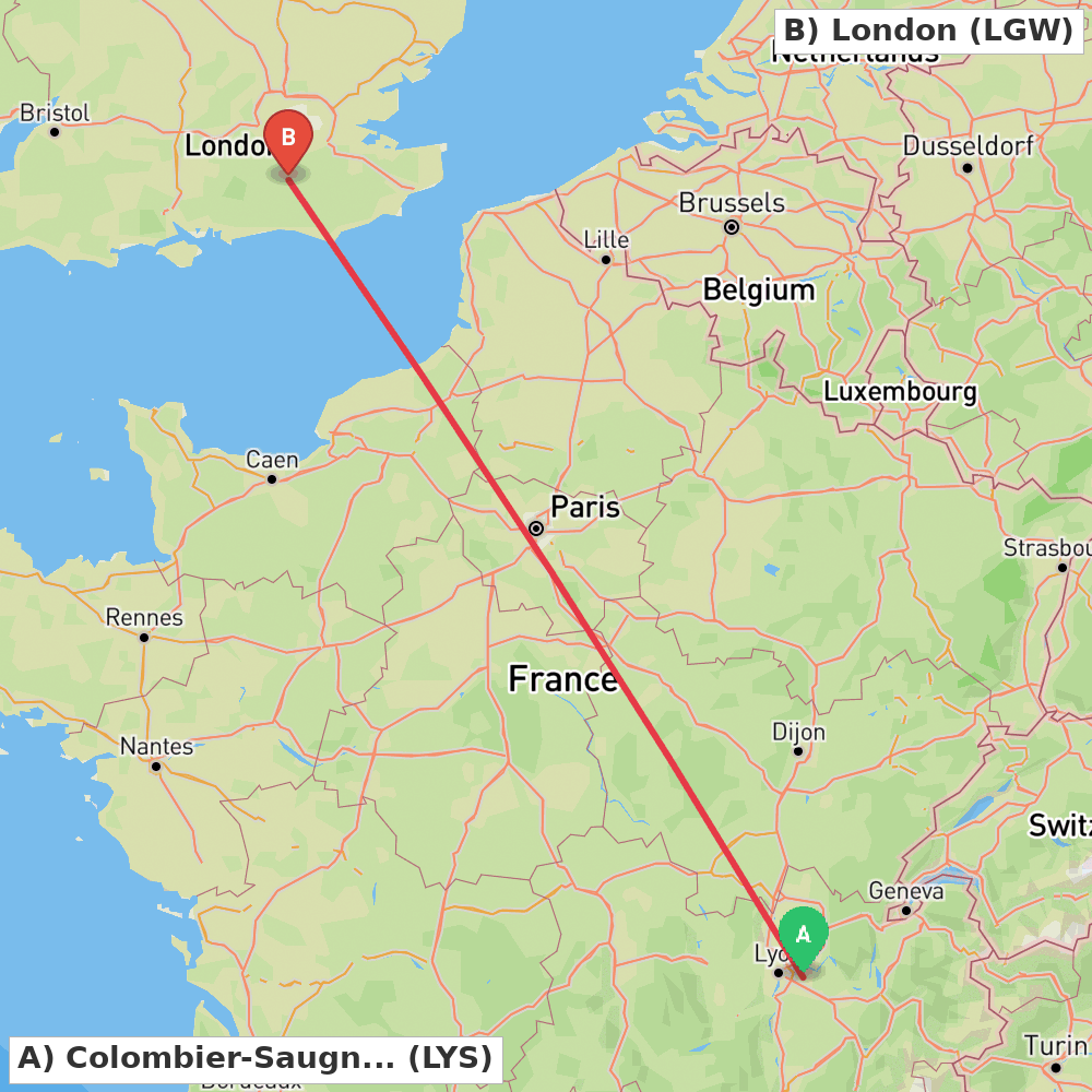 Flight route map from Colombier-Saugnieu, Rhône to London