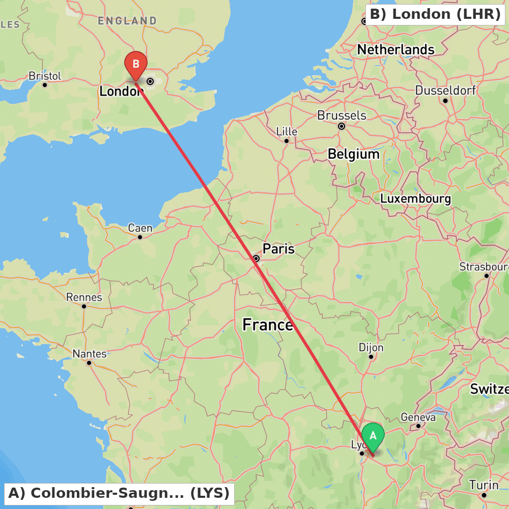 Flight route map from Colombier-Saugnieu, Rhône to London
