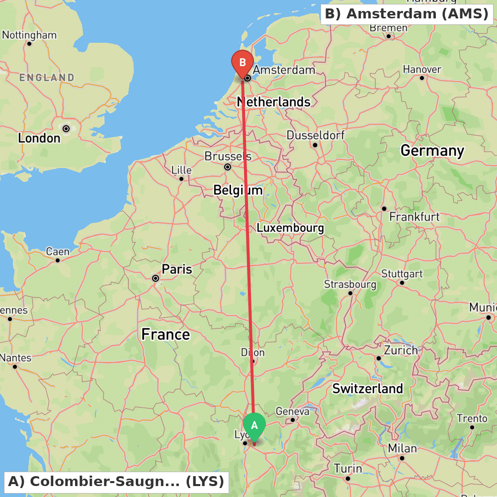 Flight route map from Colombier-Saugnieu, Rhône to Amsterdam