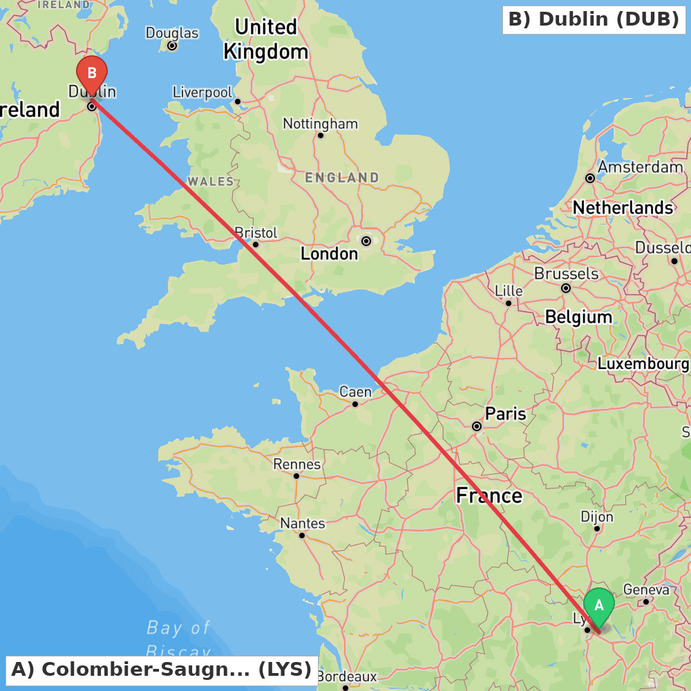 Flight route map from Colombier-Saugnieu, Rhône to Dublin