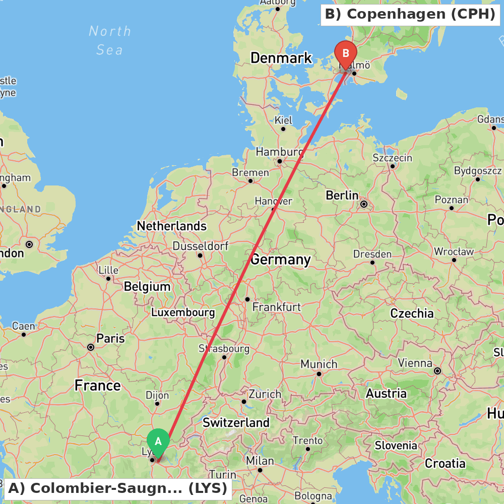 Flight route map from Colombier-Saugnieu, Rhône to Copenhagen