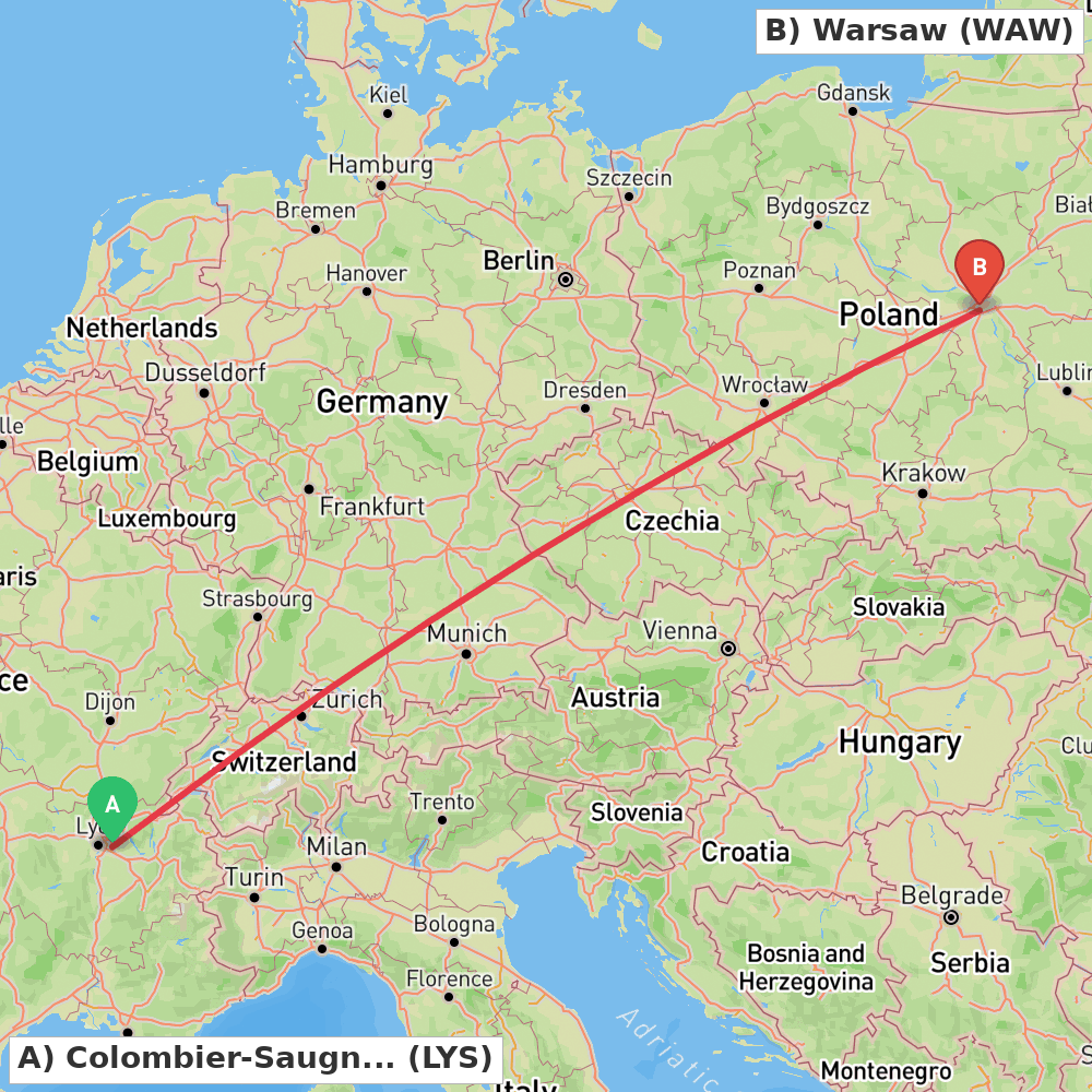 Flight route map from Colombier-Saugnieu, Rhône to Warsaw