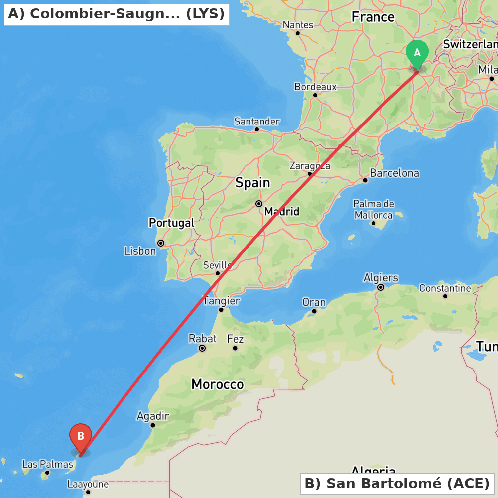 Flight route map from Colombier-Saugnieu, Rhône to San Bartolomé