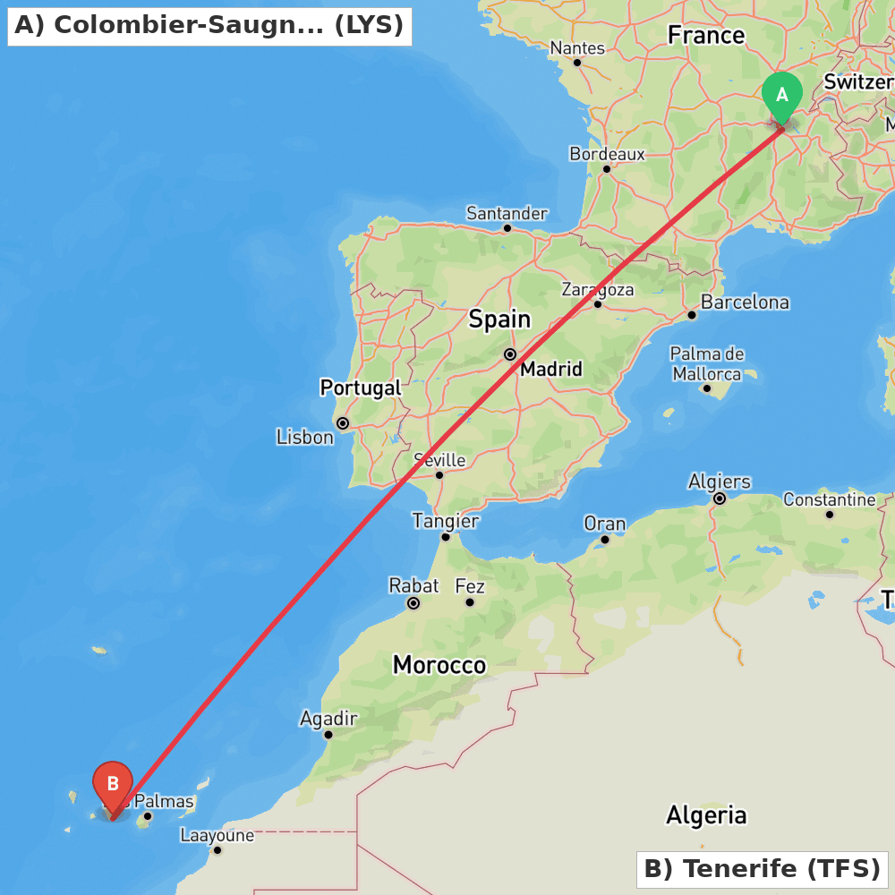 Flight route map from Colombier-Saugnieu, Rhône to Tenerife