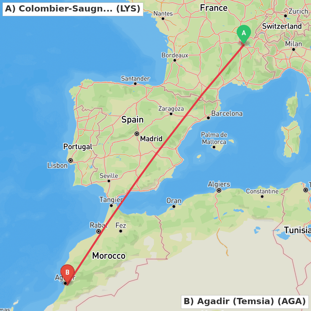 Flight route map from Colombier-Saugnieu, Rhône to Agadir (Temsia)