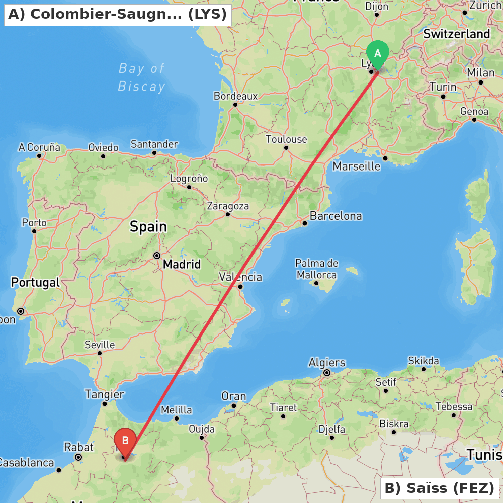 Flight route map from Colombier-Saugnieu, Rhône to Saïss