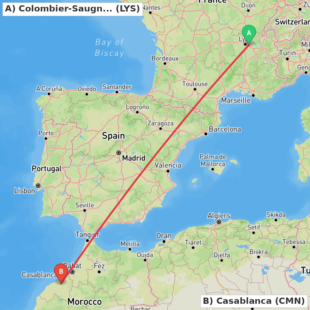 Flight route map from Colombier-Saugnieu, Rhône to Casablanca